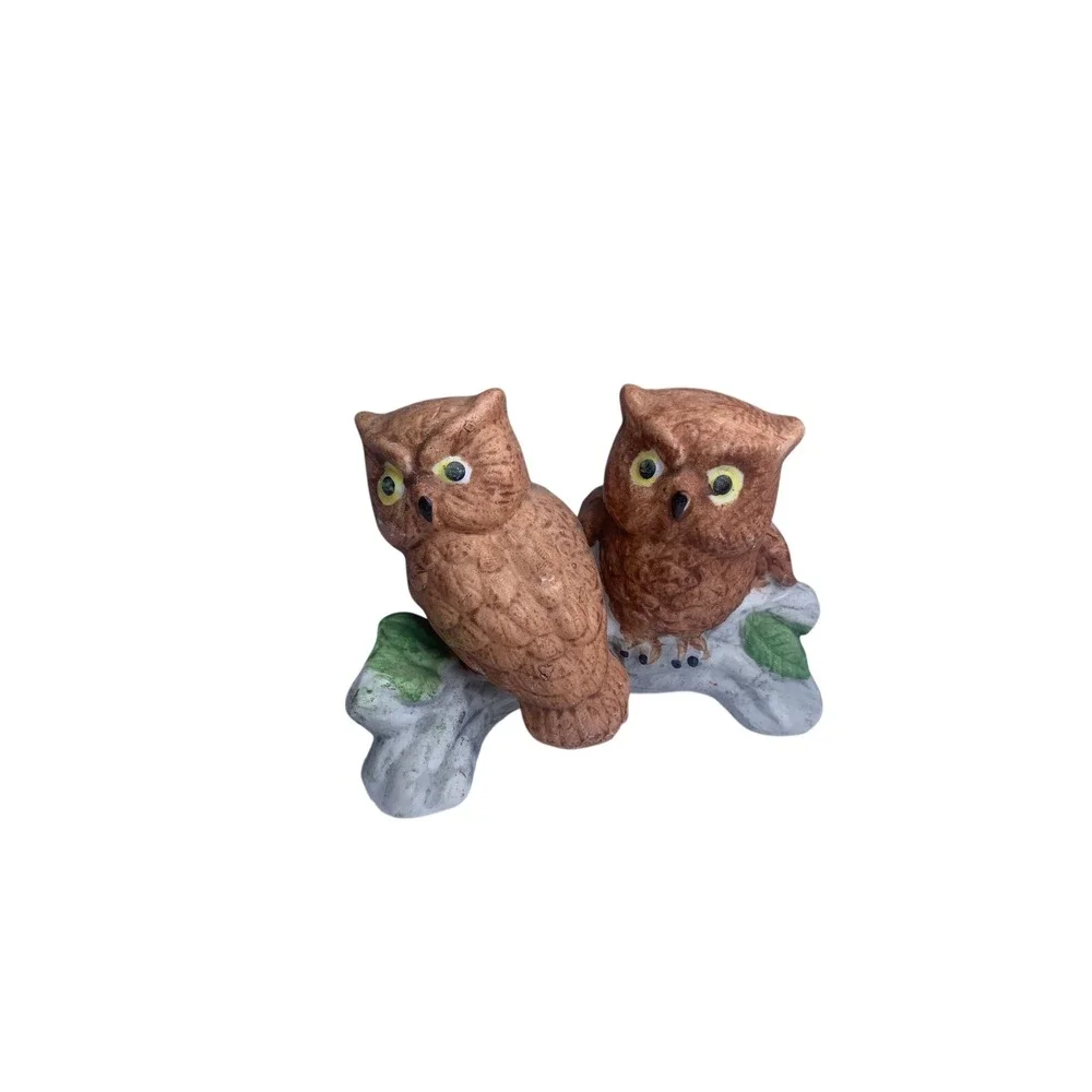 Vintage Ceramic Owl Figurine Pair on Branch Brown Bird Decor Hand Painted‎
